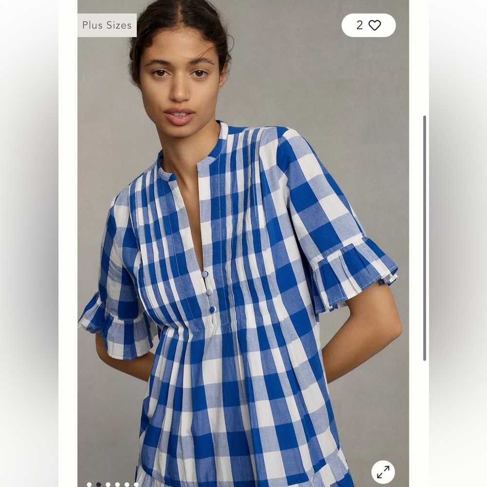 Anthropologie Whit Two Blue and White Pleated Puff Sleeve Gingham Dress - Picture 2 of 10